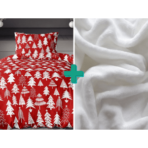 2x flanelové povlečení CHRISTMAS TREES červené + prostěradlo mikroplyš SOFT 180x200 cm bílé
